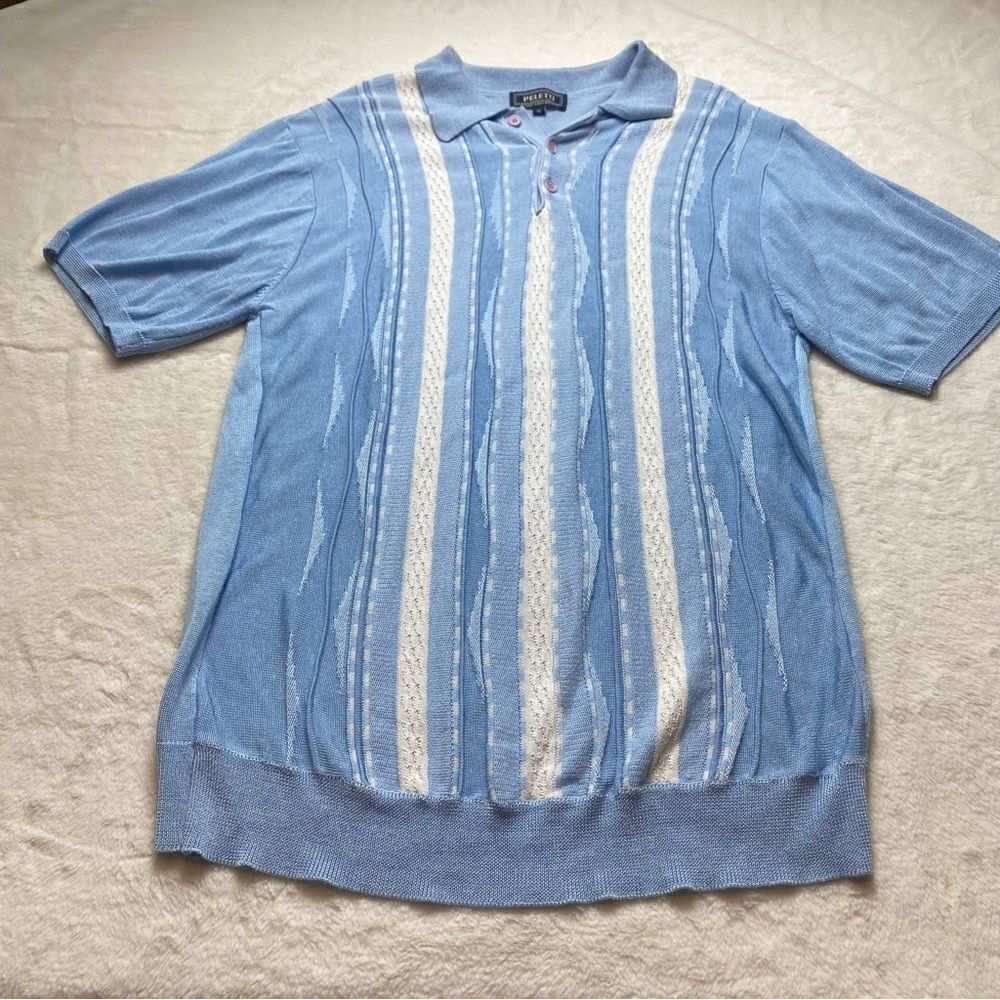 Peletti Lana Collezione Light Blue and White Textured Short Sleeve Polo Size XL